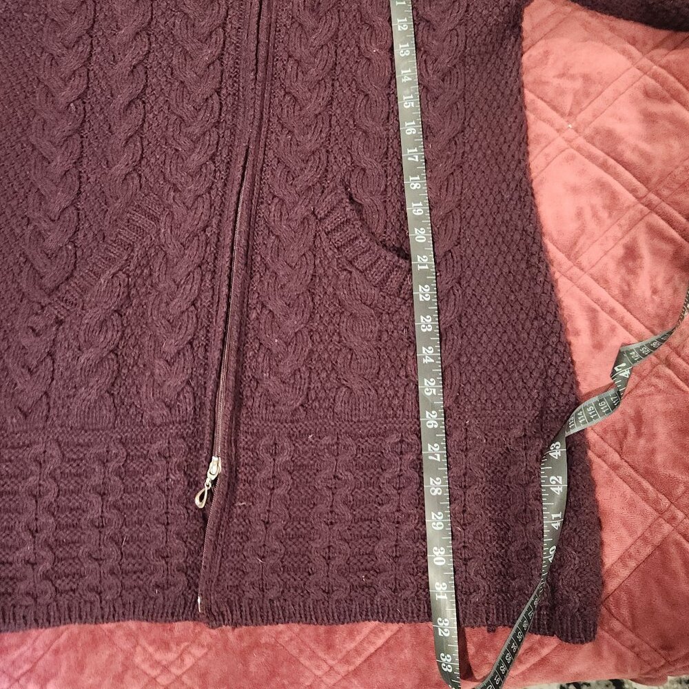 Hooded Cardigan Aran Crafts Wine Cable Knit Merino Wool 2way Zip Sweater S - Picture 3 of 11